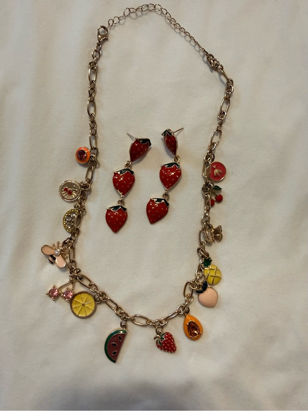 Gold-Tone Fruit Charm Necklace & Strawberry Drop Earrings - Red